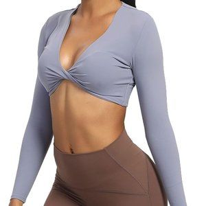 NWOT Long Sleeve Crop Top Workout Shirt | Twist Deep V Front | XS